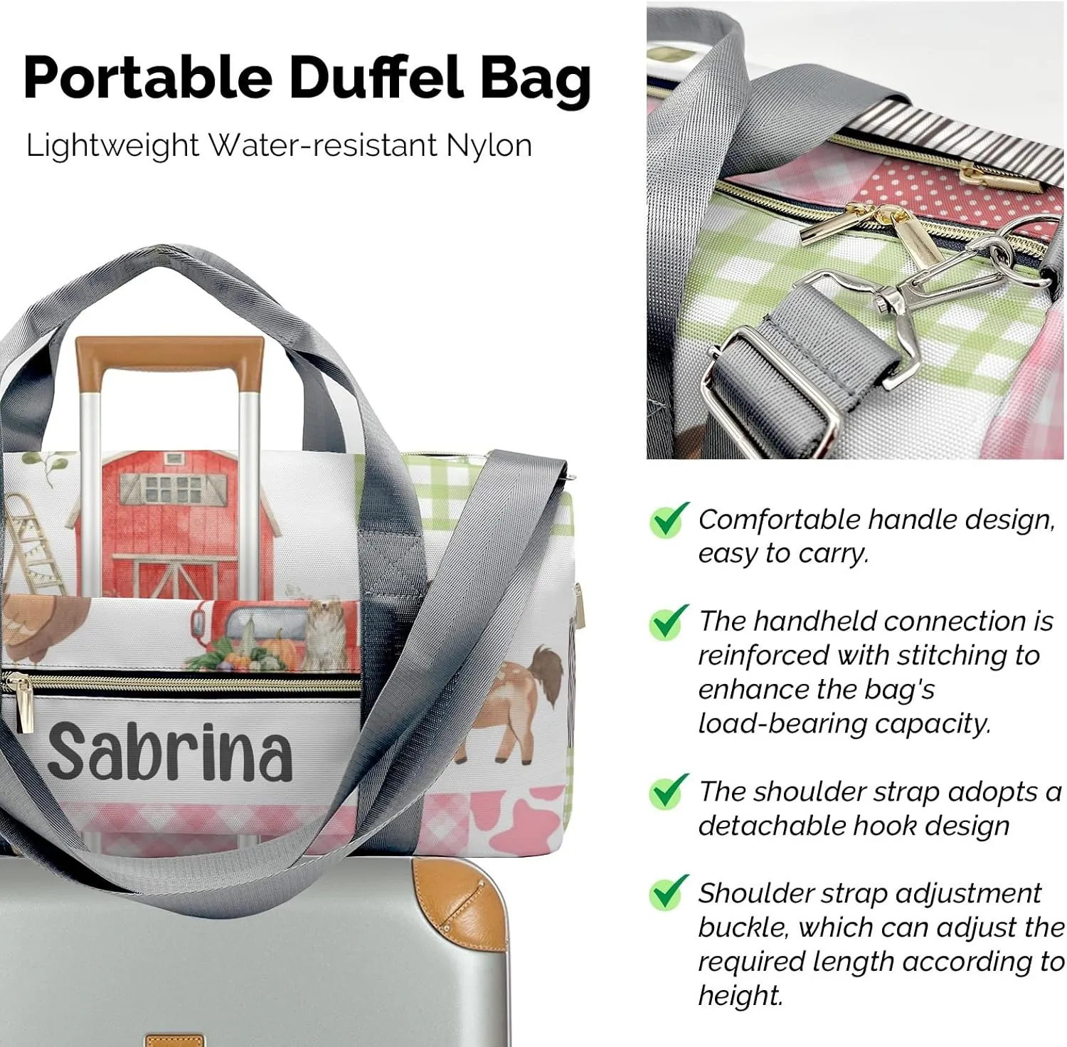 Personalized Pink Spring Green Farm House Custom Multi-functional Travel Bag, Unisex Portable Duffel Bag, Short Distance Travel Assistant