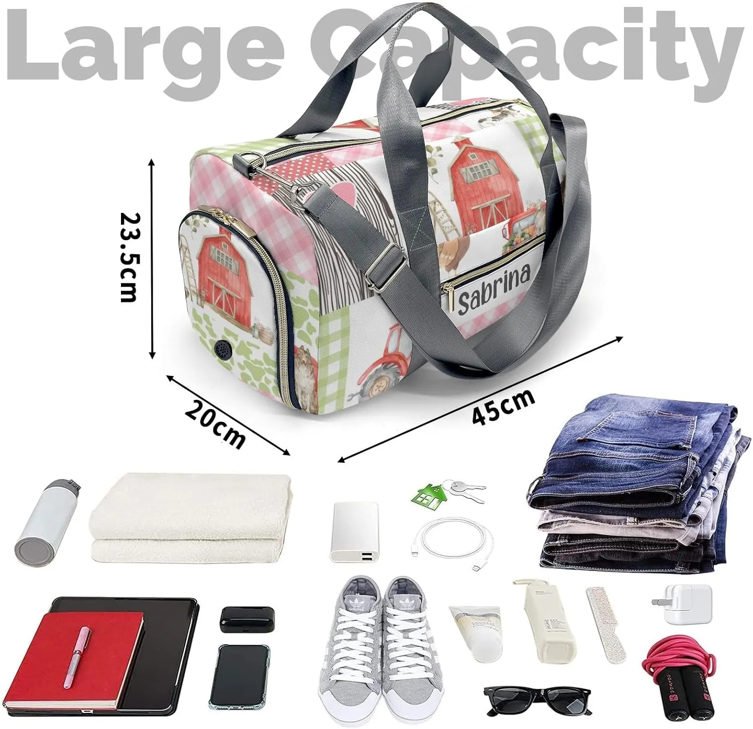 Personalized Pink Spring Green Farm House Custom Multi-functional Travel Bag, Unisex Portable Duffel Bag, Short Distance Travel Assistant