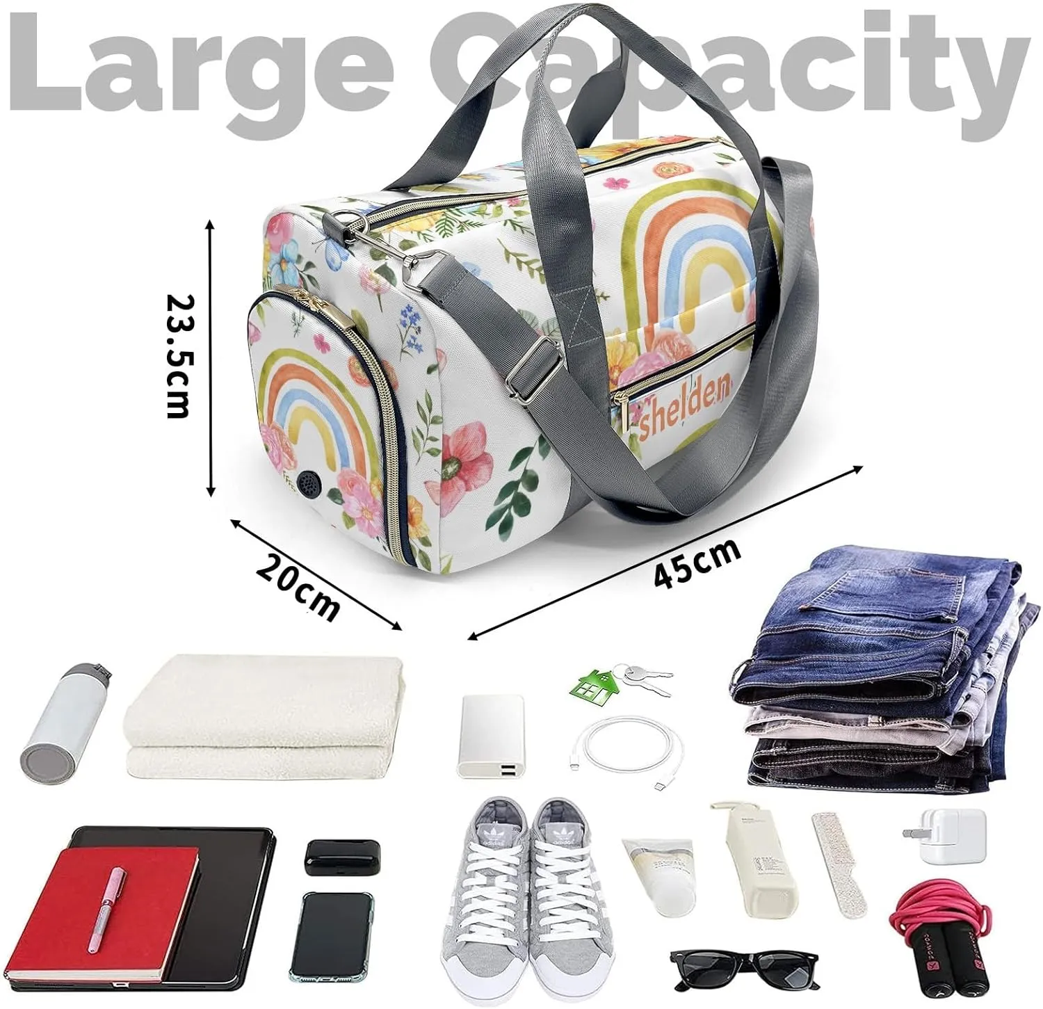 Personalized Rainbow and Flowers Custom Multi-functional Travel Bag, Unisex Portable Duffel Bag, Short Distance Travel Assistant