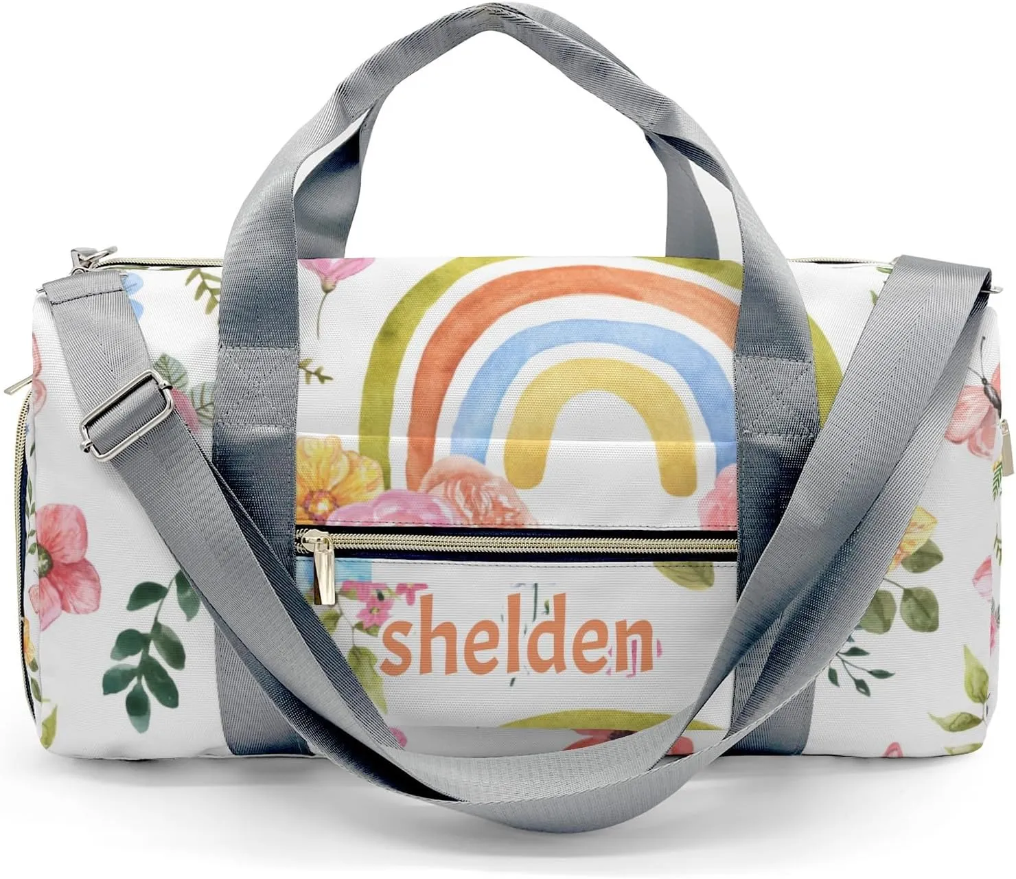Personalized Rainbow and Flowers Custom Multi-functional Travel Bag, Unisex Portable Duffel Bag, Short Distance Travel Assistant