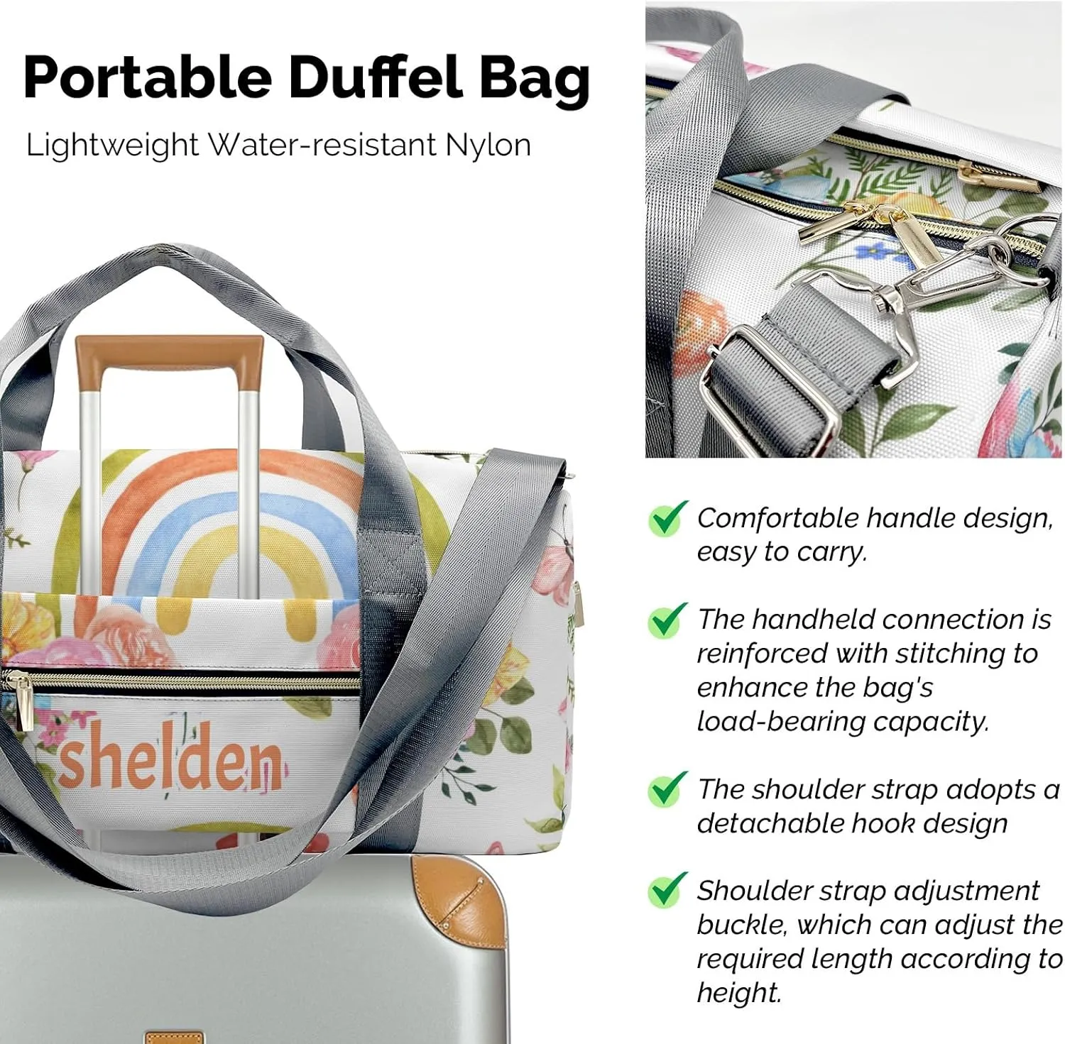 Personalized Rainbow and Flowers Custom Multi-functional Travel Bag, Unisex Portable Duffel Bag, Short Distance Travel Assistant