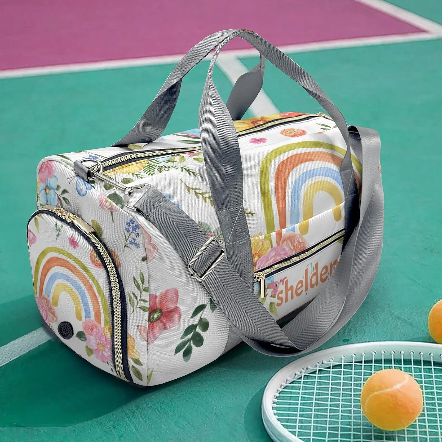 Personalized Rainbow and Flowers Custom Multi-functional Travel Bag, Unisex Portable Duffel Bag, Short Distance Travel Assistant