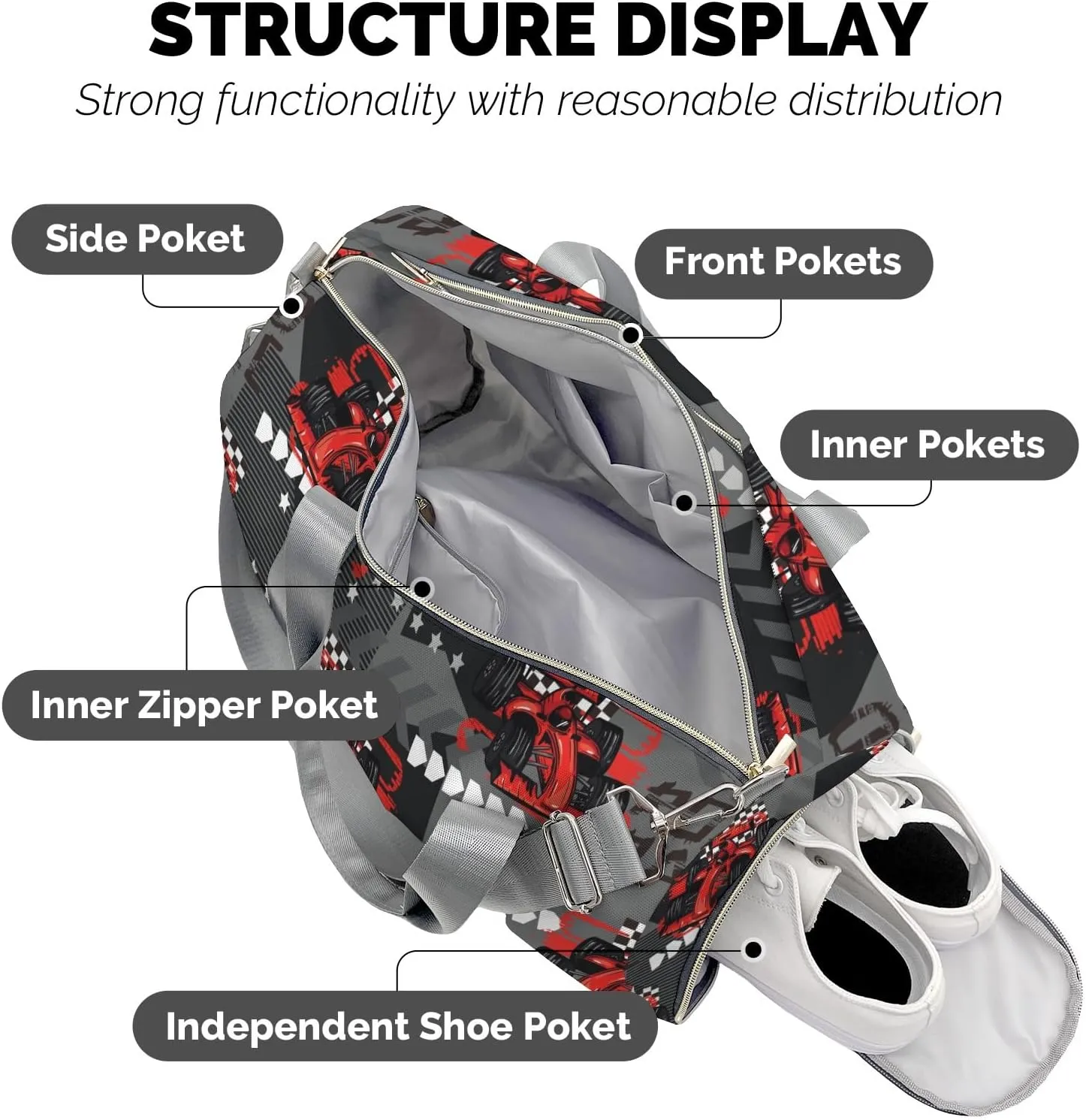 Personalized Red Sport Car Custom Multi-functional Travel Bag, Unisex Portable Duffel Bag, Short Distance Travel Assistant