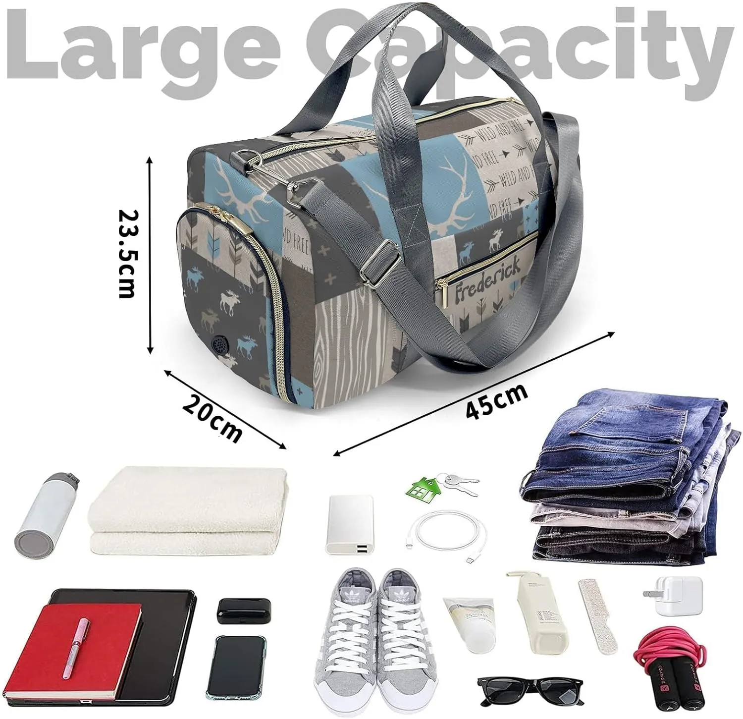 Personalized Wild and Free Deer Brown Custom Multi-functional Travel Bag, Unisex Portable Duffel Bag, Short Distance Travel Assistant