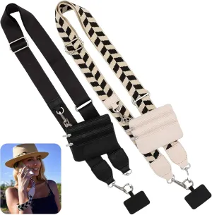 Phone Strap with Zippered Pouch, 2024 New Clip and Go Strap for Phone with Wallet Crossbody,Cross Body Phone String (2PC:Black Stripe)