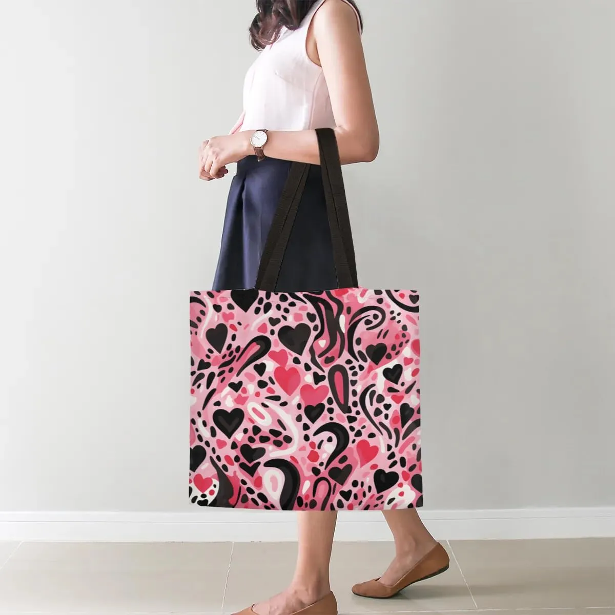 Pink Cartoon Strawberry Canvas Tote Bag for Women Men Stylish Tote Handbag Shoulder Bag Reusable Grocery Bag