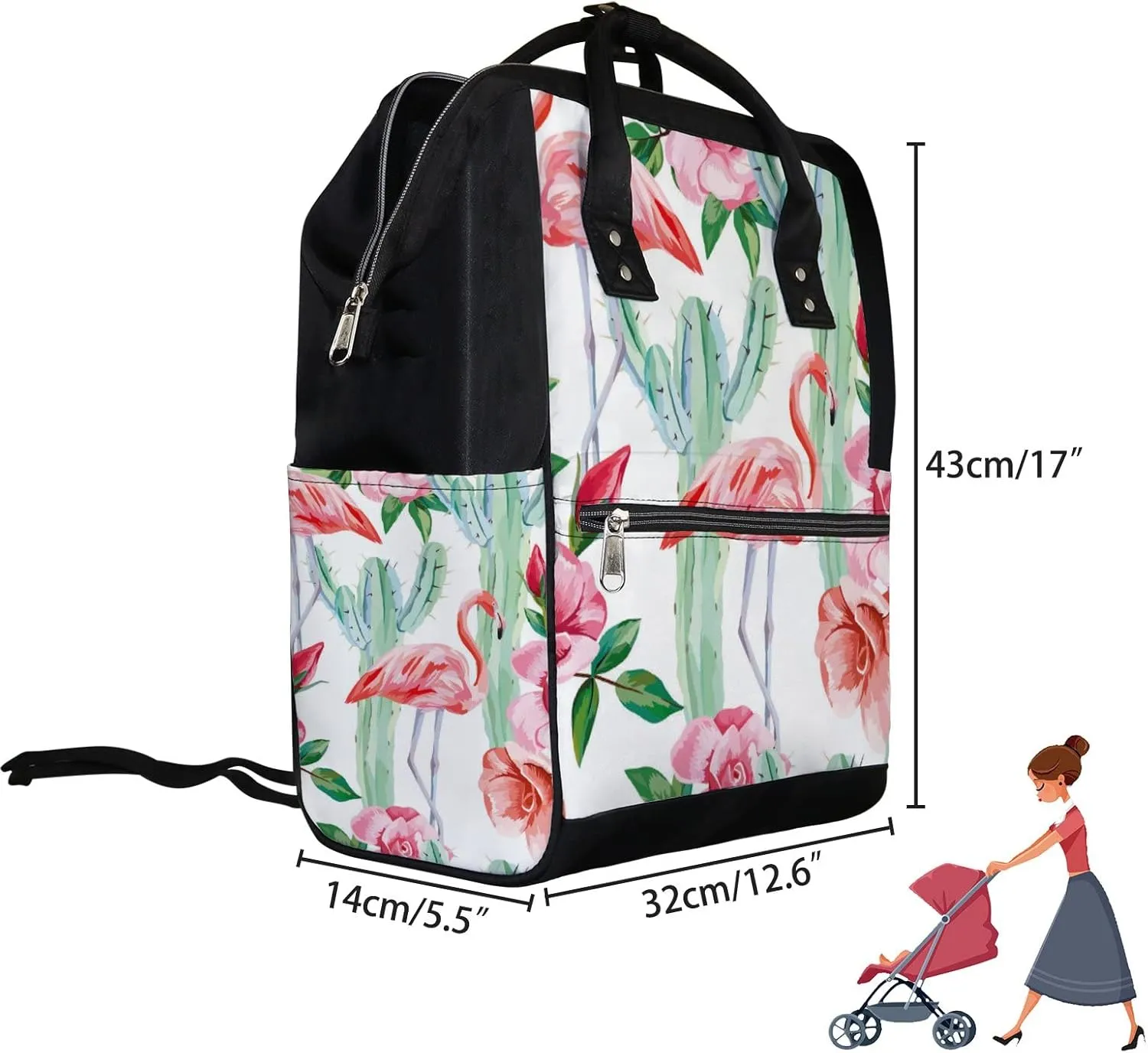 Pink Flamingo Cactus Diaper Bag Backpack Waterproof Backpack Baby Nappy Changing Bag for Travel Large Capacity Durable and Stylish for Woman