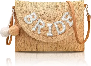 Pinkunn Bride Gift Straw Shoulder Bag Clutch Rhinestone Letter Purse Beach Bachelorette Honeymoon Wedding Bridal Shower