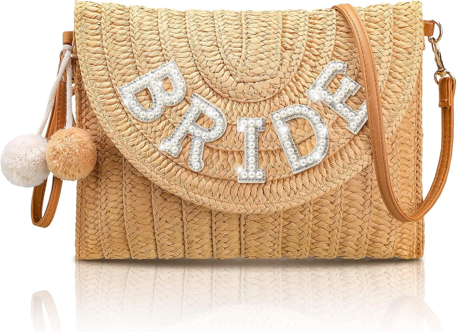Pinkunn Bride Gift Straw Shoulder Bag Clutch Rhinestone Letter Purse Beach Bachelorette Honeymoon Wedding Bridal Shower