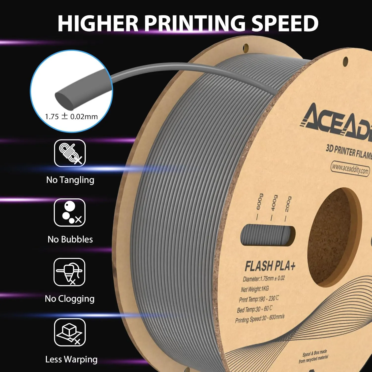 PLA  Filament 1.75mm, Flash PLA High Speed 3D Printer Filament, Dimensional Accuracy  /- 0.02mm, 1KG/Spool 3D Printing Filament Fits for Most FDM 3D Printers (1kg Silver)