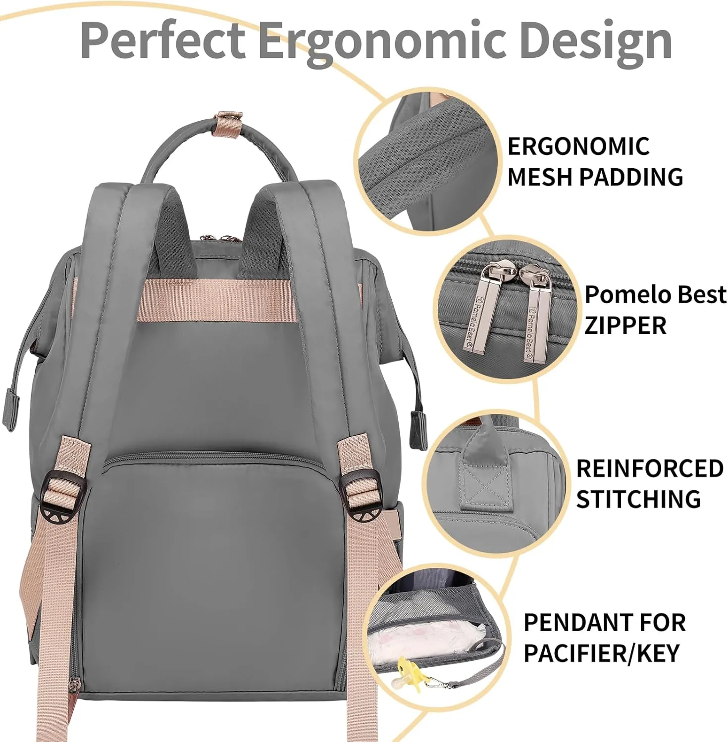 Pomelo Best Diaper Bag Backpack Stylish Waterproof Multifunctional Large Baby Bag with Changing Mat and Stroller Straps (Light Grey)