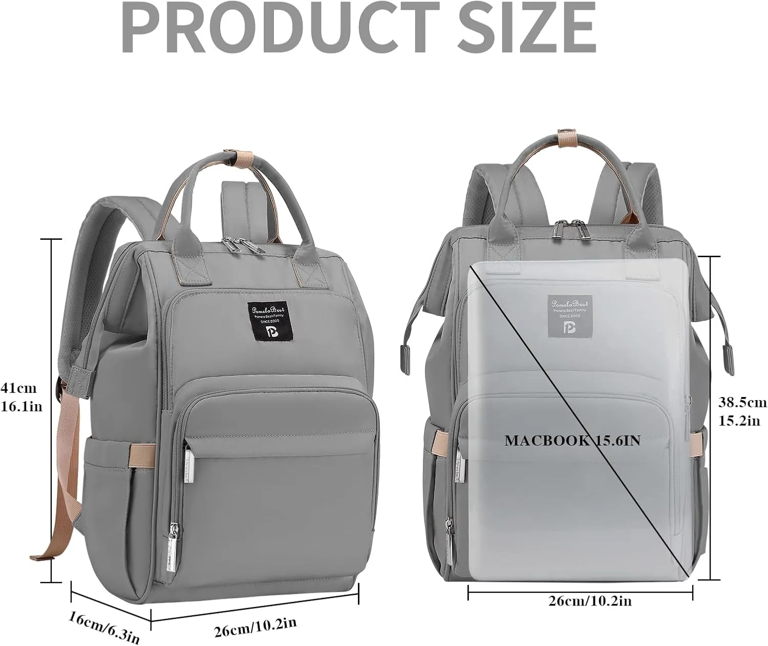 Pomelo Best Diaper Bag Backpack Stylish Waterproof Multifunctional Large Baby Bag with Changing Mat and Stroller Straps (Light Grey)