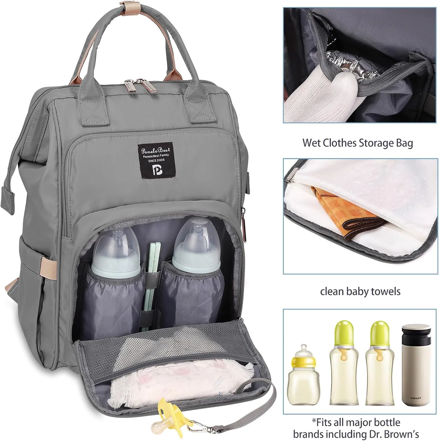 Pomelo Best Diaper Bag Backpack Stylish Waterproof Multifunctional Large Baby Bag with Changing Mat and Stroller Straps (Light Grey)