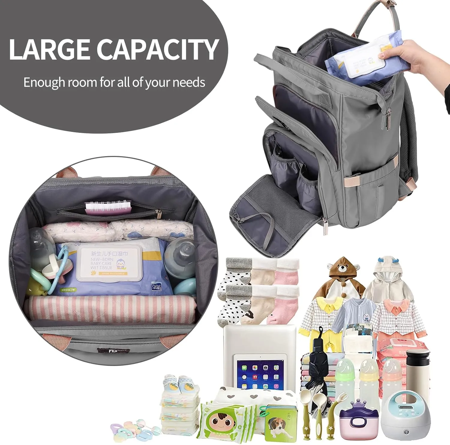 Pomelo Best Diaper Bag Backpack Stylish Waterproof Multifunctional Large Baby Bag with Changing Mat and Stroller Straps (Light Grey)