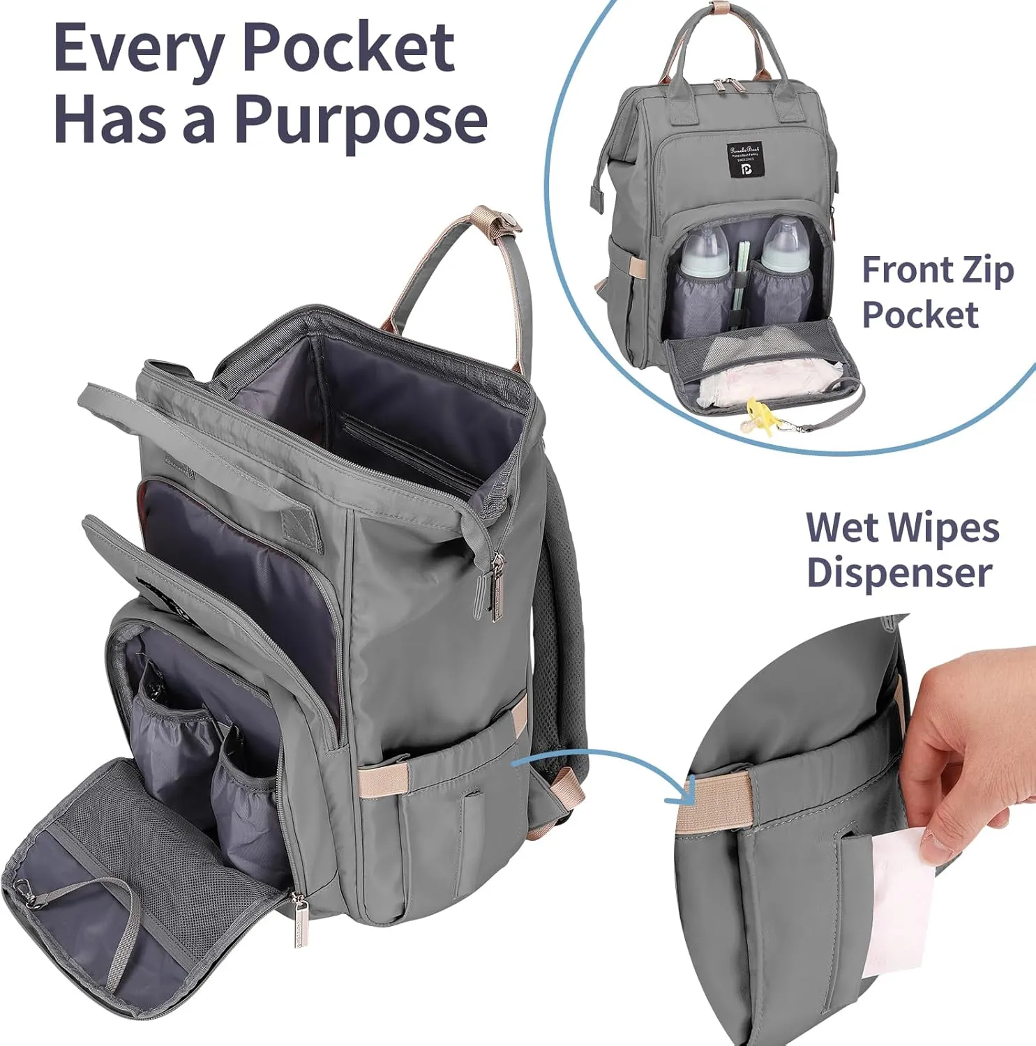 Pomelo Best Diaper Bag Backpack Stylish Waterproof Multifunctional Large Baby Bag with Changing Mat and Stroller Straps (Light Grey)