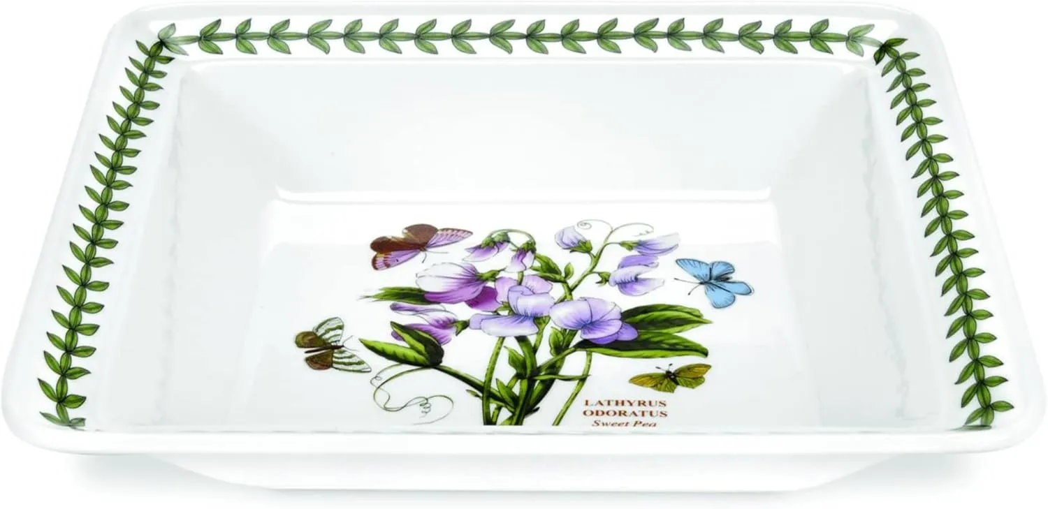 Portmeirion Botanic Garden 12-Inch Low Square Serving Bowl, Sweet Pea Motif - Fine Porcelain with Chip-Resistant Glaze, Dishwasher, Microwave, Freezer, Oven Safe - Multi-Functional Serveware