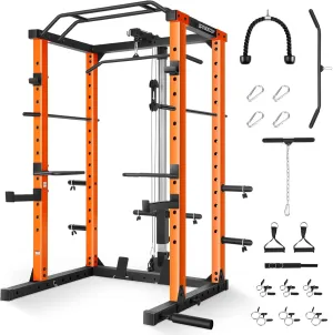 Power Cage, Multi-Function Power Cage with Cable Pulley System & Cable Row, J-Hooks, Dip Handles, Weight Plate Storage, 1600 LBS Multi-Functional Squat Rack
