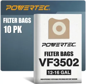 POWERTEC 23743 VF3502 Size A Shop Vac Bags for Ridgid 10 Pack, 12-16 Gal. Vacuum Bags for Ridgid HD1200, HD1400 Wet Dry Vac (75002-P5)