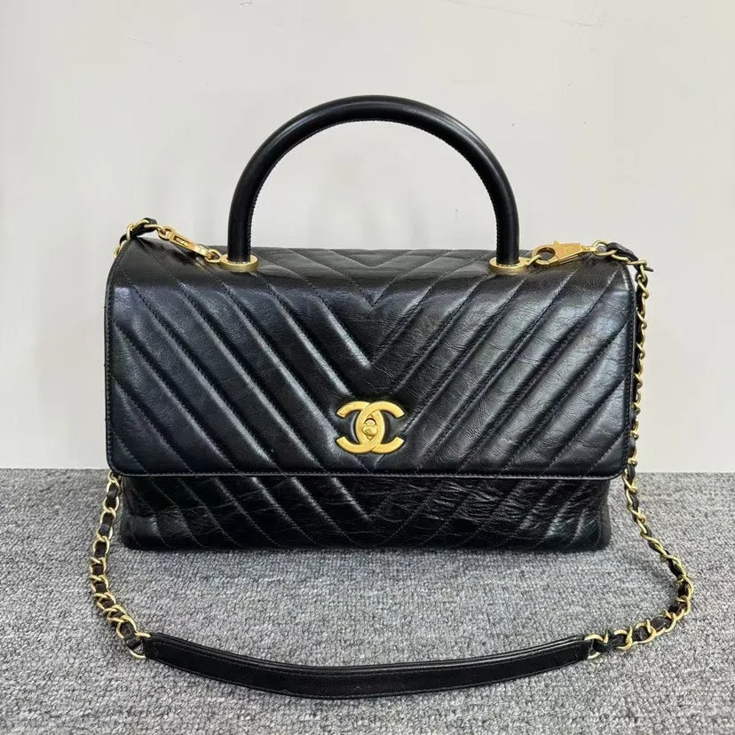 Preloved Chanel Coco Handle Bag Black Leather Satchel/Top Handle Bag
