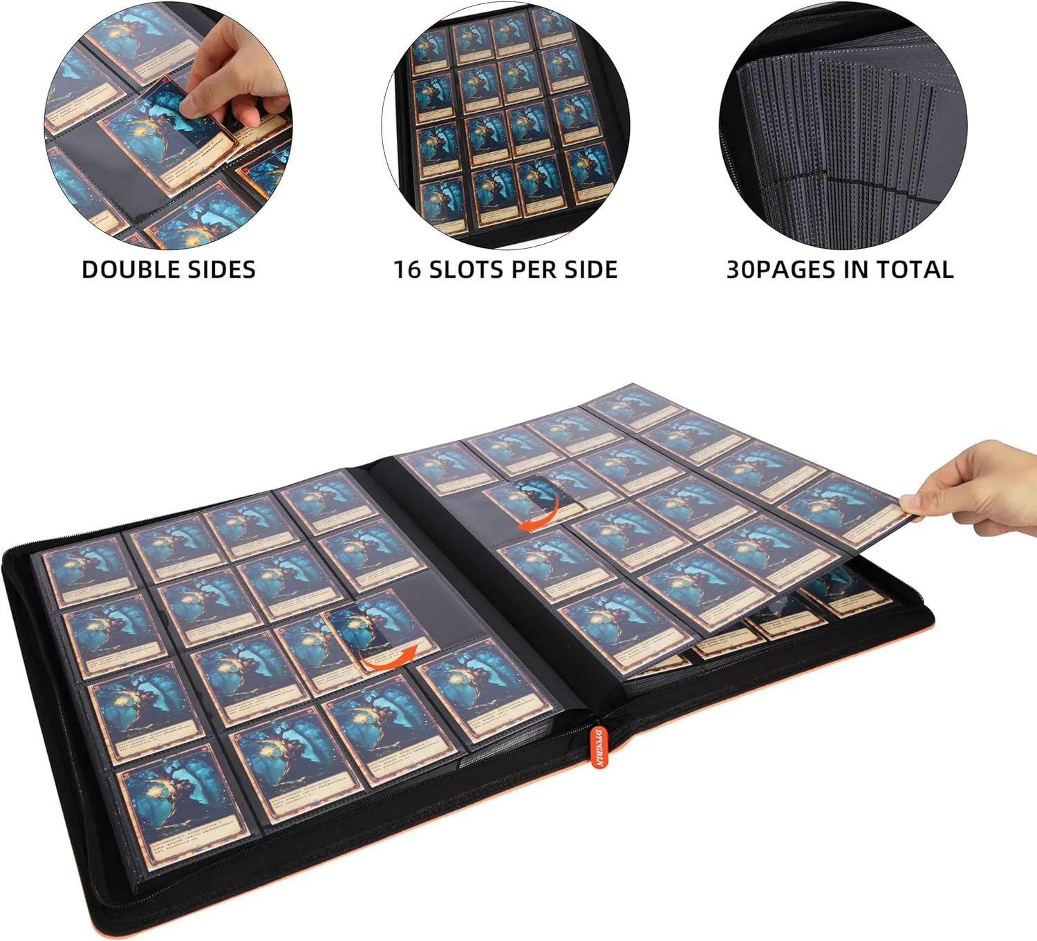 Premium Trading Card Binder for PKM TCG MTG Cards,Holds 1000  Cards,16 -Pocket Ringless Side Loading Binder with Zipper Trading Card Album Folder for Poke TCG Cards Etc.- Orange