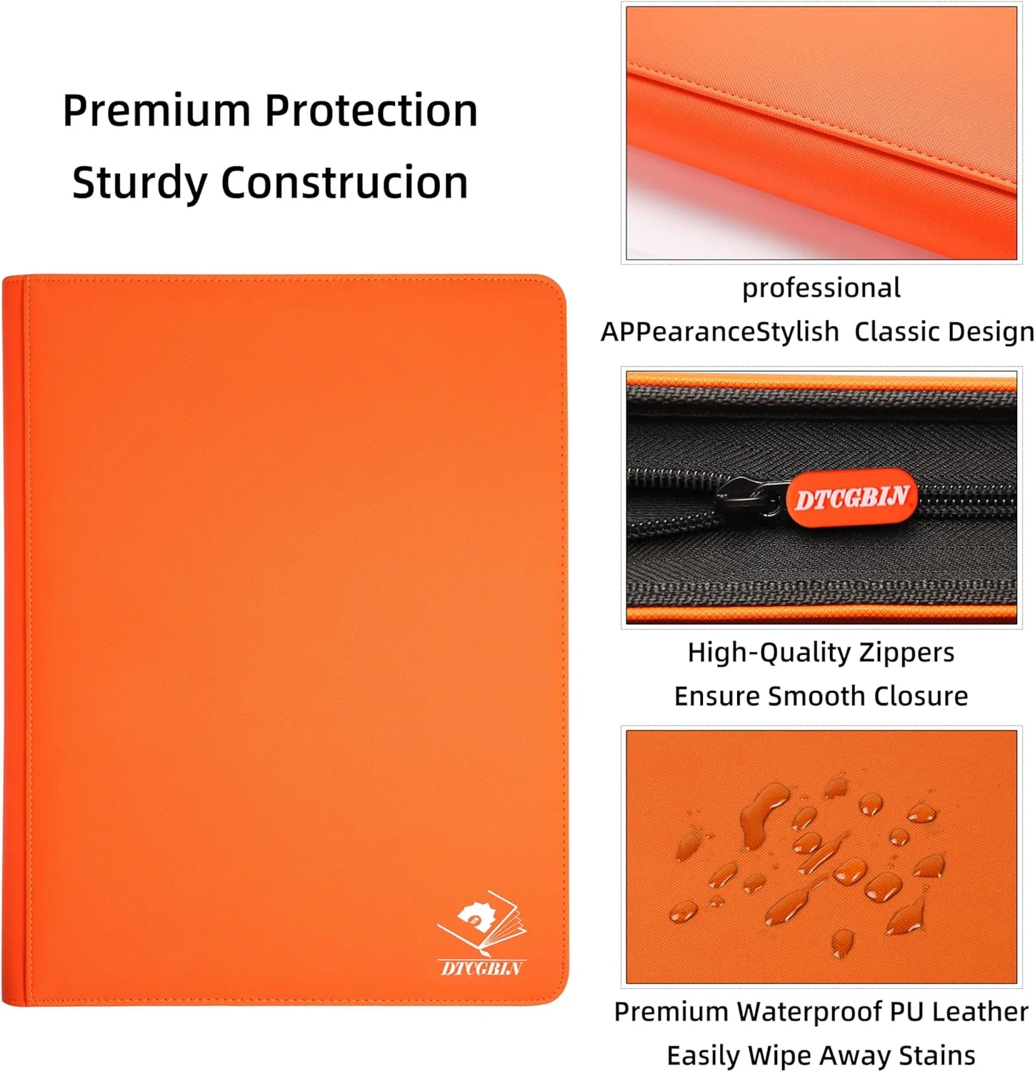 Premium Trading Card Binder for PKM TCG MTG Cards,Holds 1000  Cards,16 -Pocket Ringless Side Loading Binder with Zipper Trading Card Album Folder for Poke TCG Cards Etc.- Orange