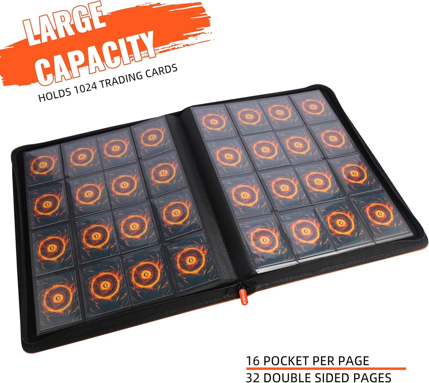 Premium Trading Card Binder for PKM TCG MTG Cards,Holds 1000  Cards,16 -Pocket Ringless Side Loading Binder with Zipper Trading Card Album Folder for Poke TCG Cards Etc.- Orange