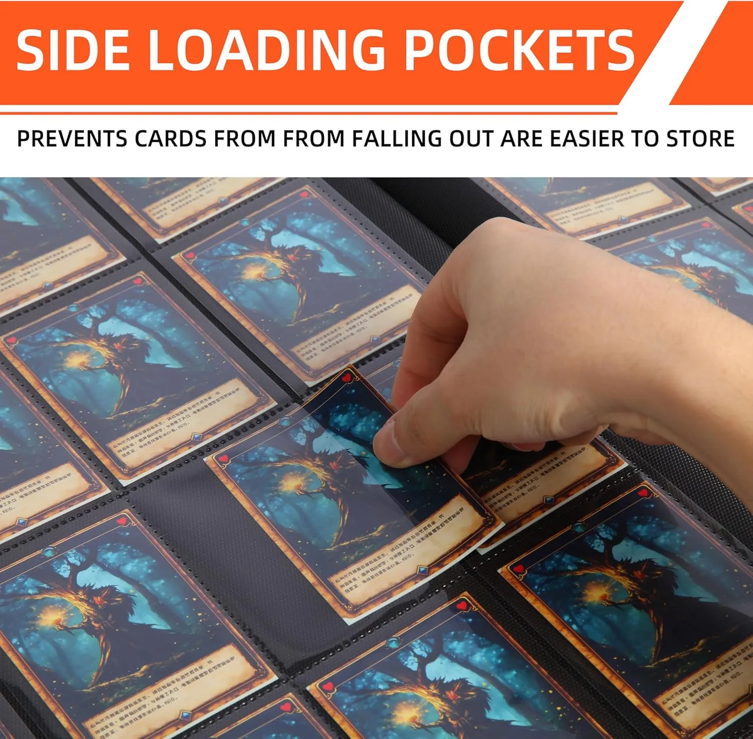 Premium Trading Card Binder for PKM TCG MTG Cards,Holds 1000  Cards,16 -Pocket Ringless Side Loading Binder with Zipper Trading Card Album Folder for Poke TCG Cards Etc.- Orange