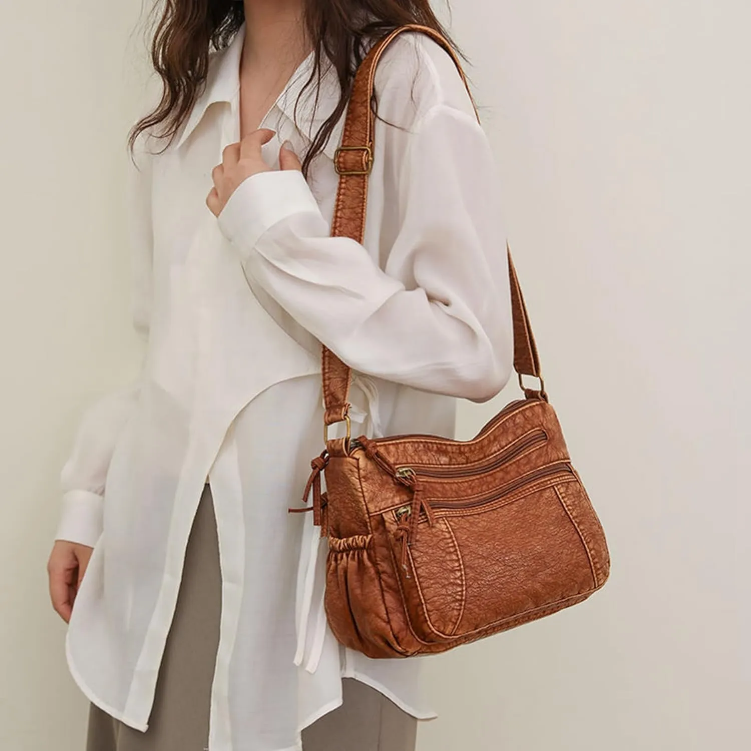 PU Leather Bags for Women, Multi-pockets Small Shoulder Bag with Zipper, Womens Tote Handbag for Work, Crossbody Purse