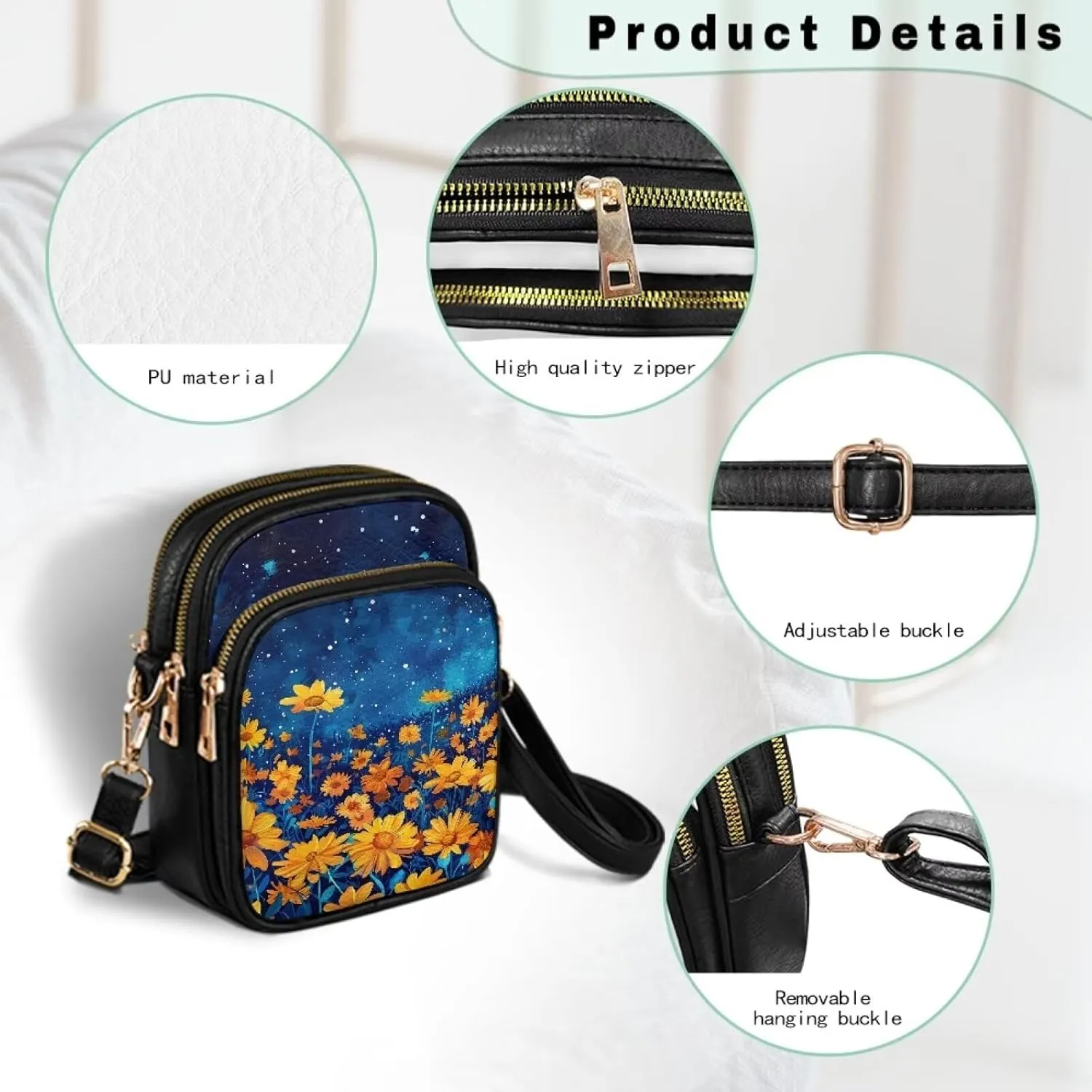 PU Leather Crossbody Purses for Women Ladies Small Sling Shoulder Messenger Bag Casual Travel with Muti Zip Pocket