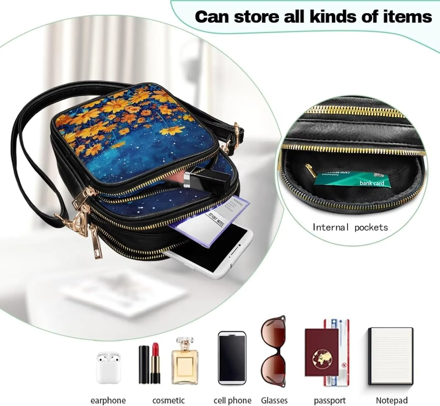 PU Leather Crossbody Purses for Women Ladies Small Sling Shoulder Messenger Bag Casual Travel with Muti Zip Pocket