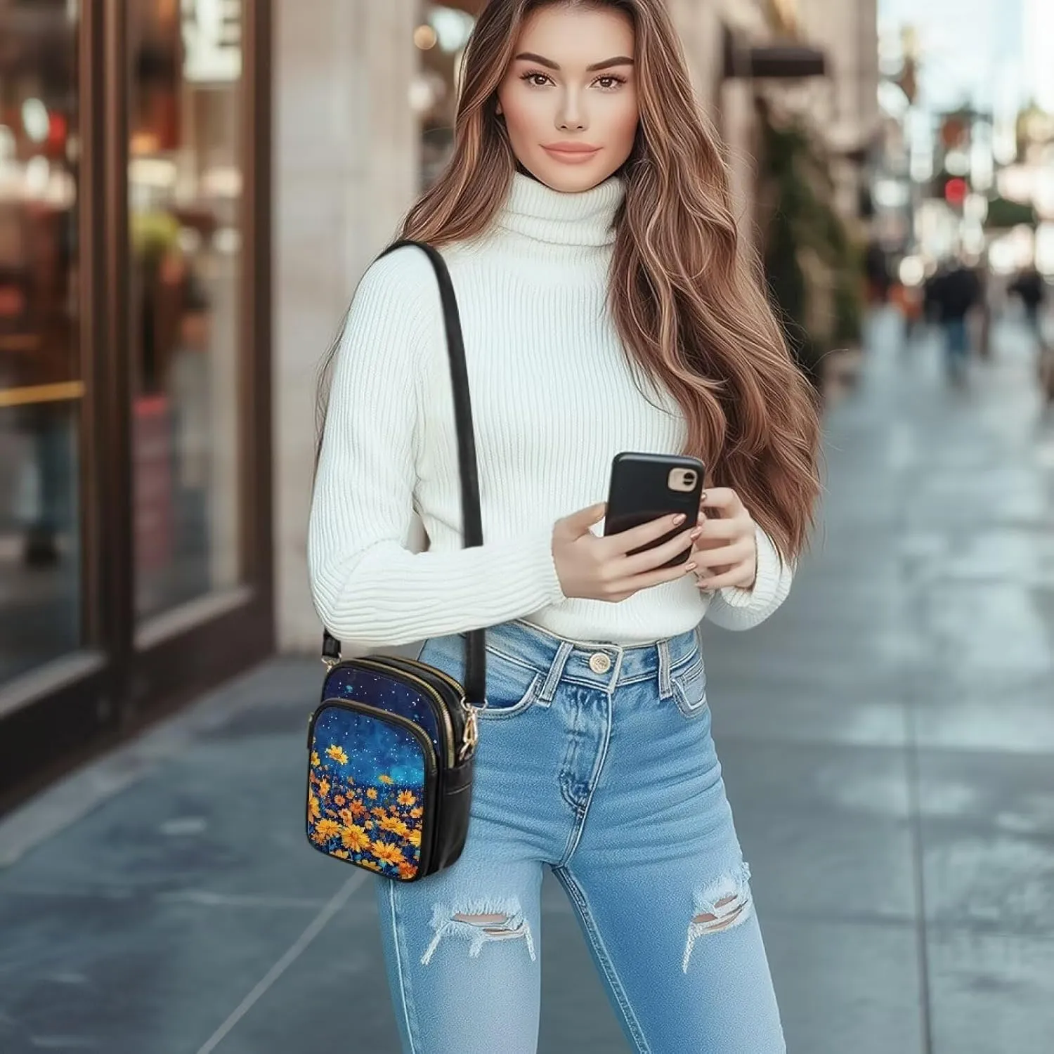 PU Leather Crossbody Purses for Women Ladies Small Sling Shoulder Messenger Bag Casual Travel with Muti Zip Pocket