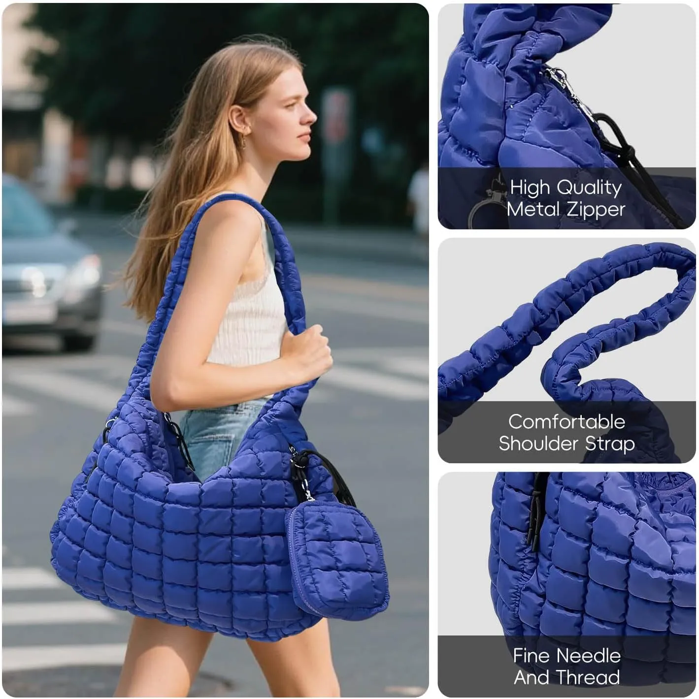 Puffer Tote Bag for Women, Large Quilted Puffer Bag with Pouch, Puffy Quilted Hobo Bag, Puff Crossbody Purse