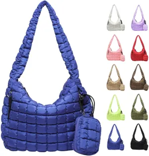 Puffer Tote Bag for Women, Large Quilted Puffer Bag with Pouch, Puffy Quilted Hobo Bag, Puff Crossbody Purse