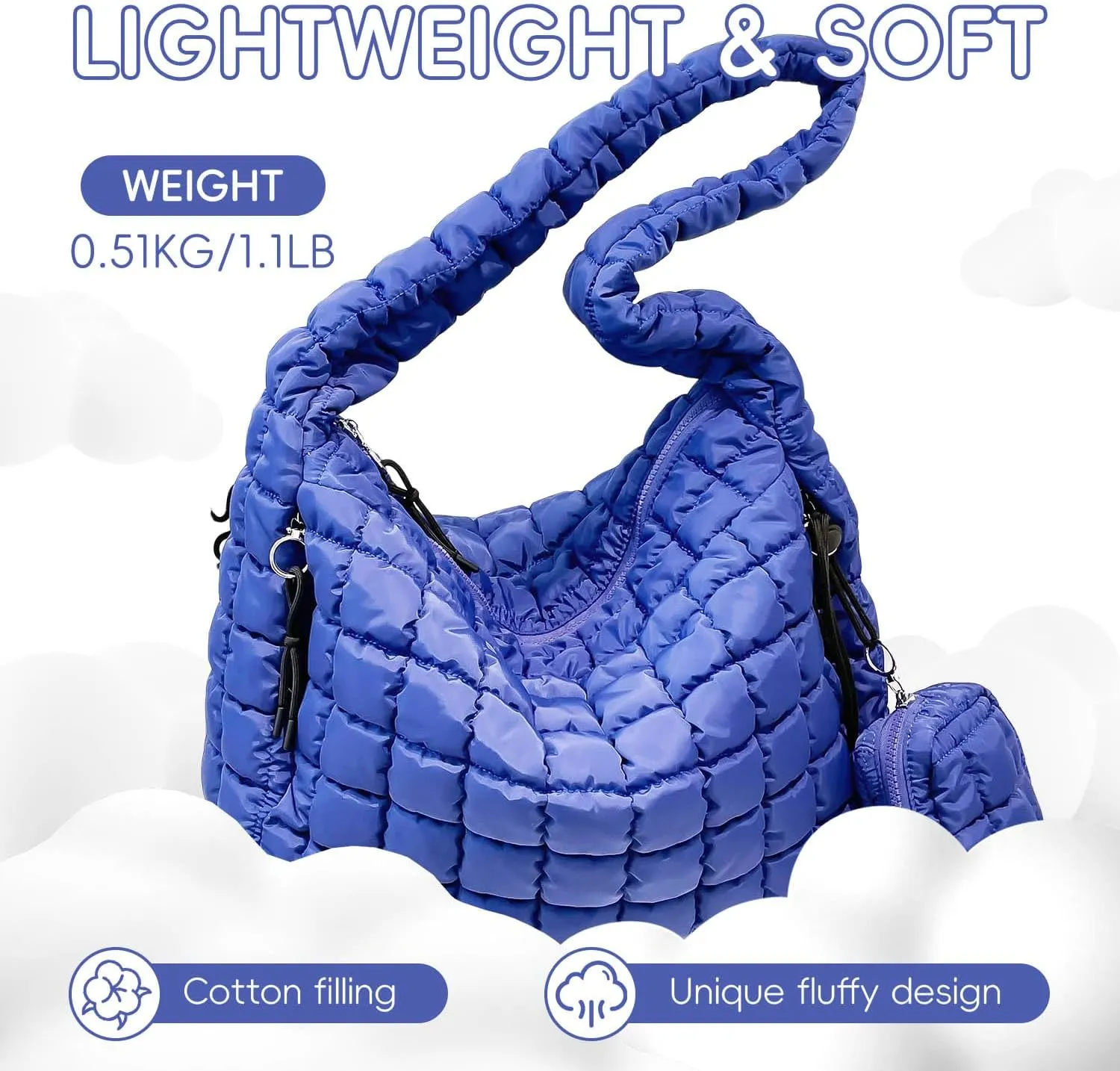 Puffer Tote Bag for Women, Large Quilted Puffer Bag with Pouch, Puffy Quilted Hobo Bag, Puff Crossbody Purse