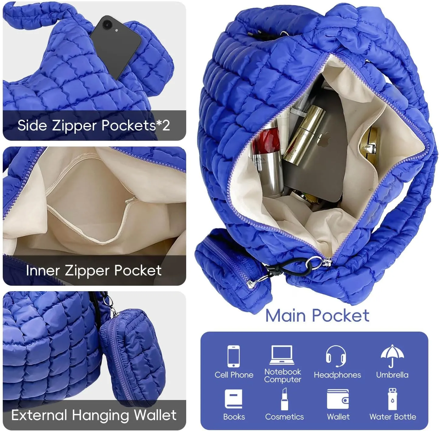 Puffer Tote Bag for Women, Large Quilted Puffer Bag with Pouch, Puffy Quilted Hobo Bag, Puff Crossbody Purse