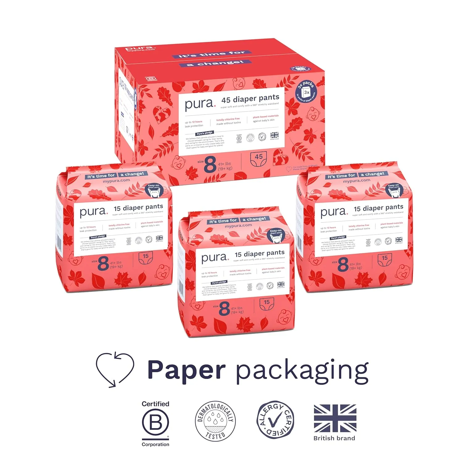 Pura Hypoallergenic Diaper Pants Size 8 (41  lbs) Overnight, up to 12 Hours Leak Protection, Suitable for Sensitive Skin, Totally Chlorine Free, Soft Organic Cotton, 3 Packs of 15 (45 Pull Up Pants)