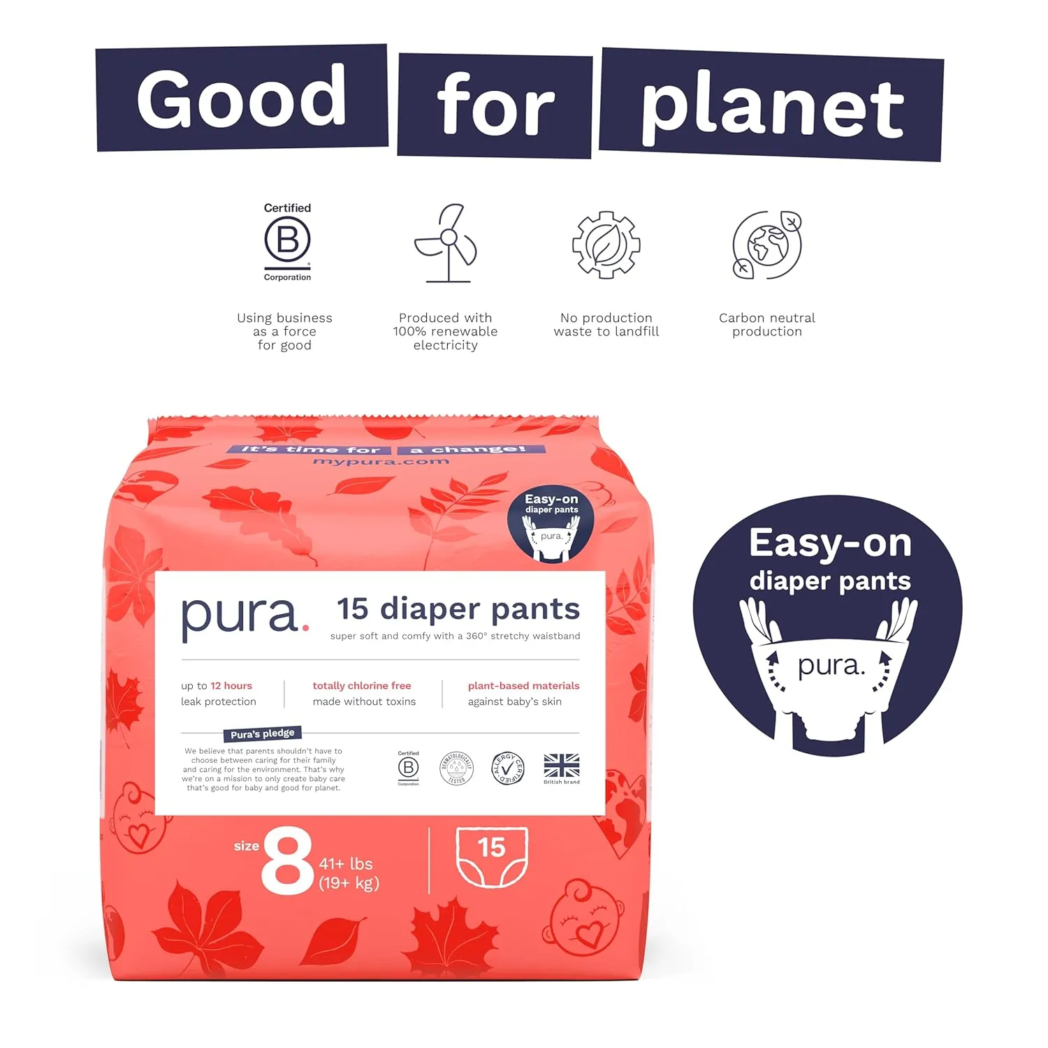 Pura Hypoallergenic Diaper Pants Size 8 (41  lbs) Overnight, up to 12 Hours Leak Protection, Suitable for Sensitive Skin, Totally Chlorine Free, Soft Organic Cotton, 3 Packs of 15 (45 Pull Up Pants)