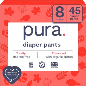 Pura Hypoallergenic Diaper Pants Size 8 (41  lbs) Overnight, up to 12 Hours Leak Protection, Suitable for Sensitive Skin, Totally Chlorine Free, Soft Organic Cotton, 3 Packs of 15 (45 Pull Up Pants)