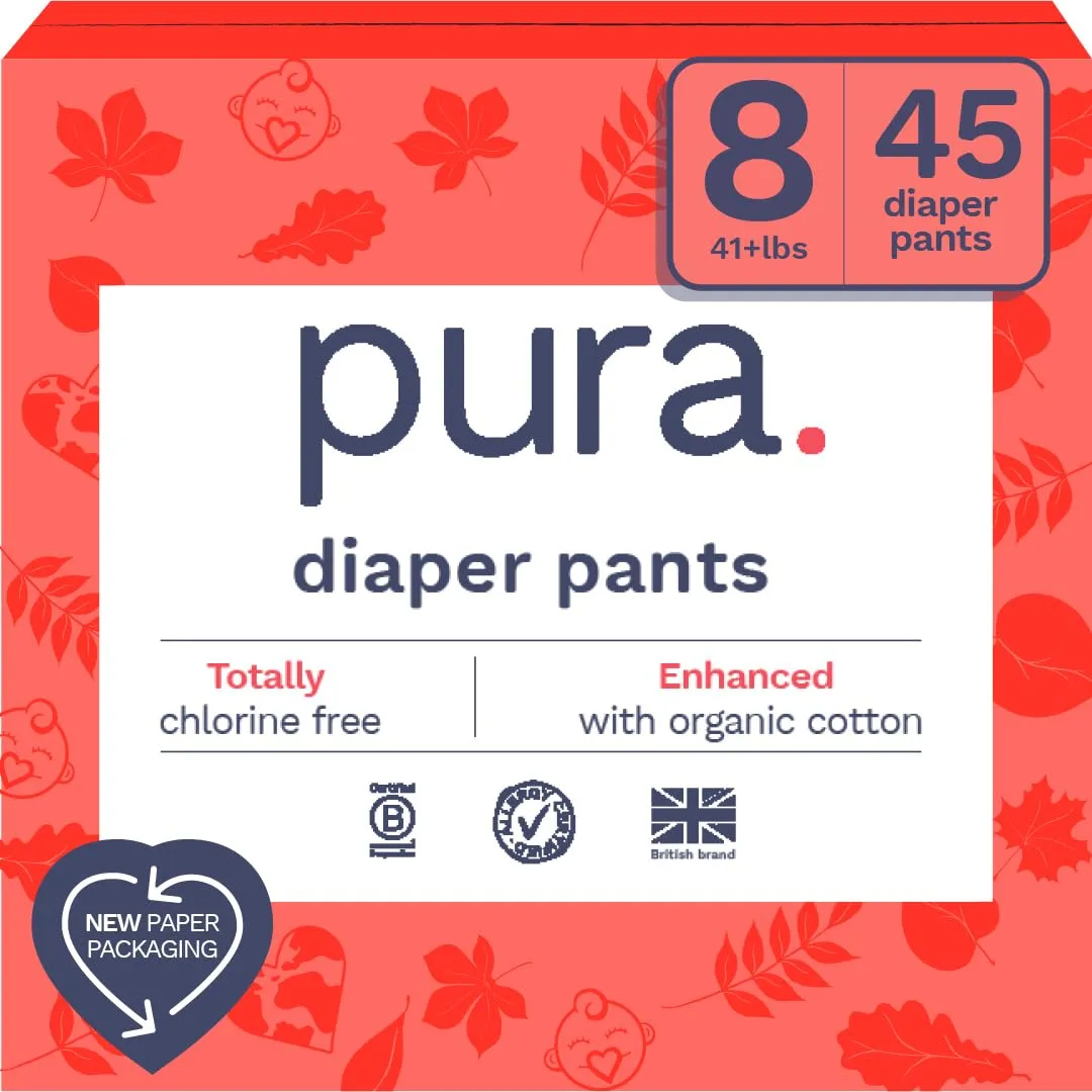 Pura Hypoallergenic Diaper Pants Size 8 (41  lbs) Overnight, up to 12 Hours Leak Protection, Suitable for Sensitive Skin, Totally Chlorine Free, Soft Organic Cotton, 3 Packs of 15 (45 Pull Up Pants)
