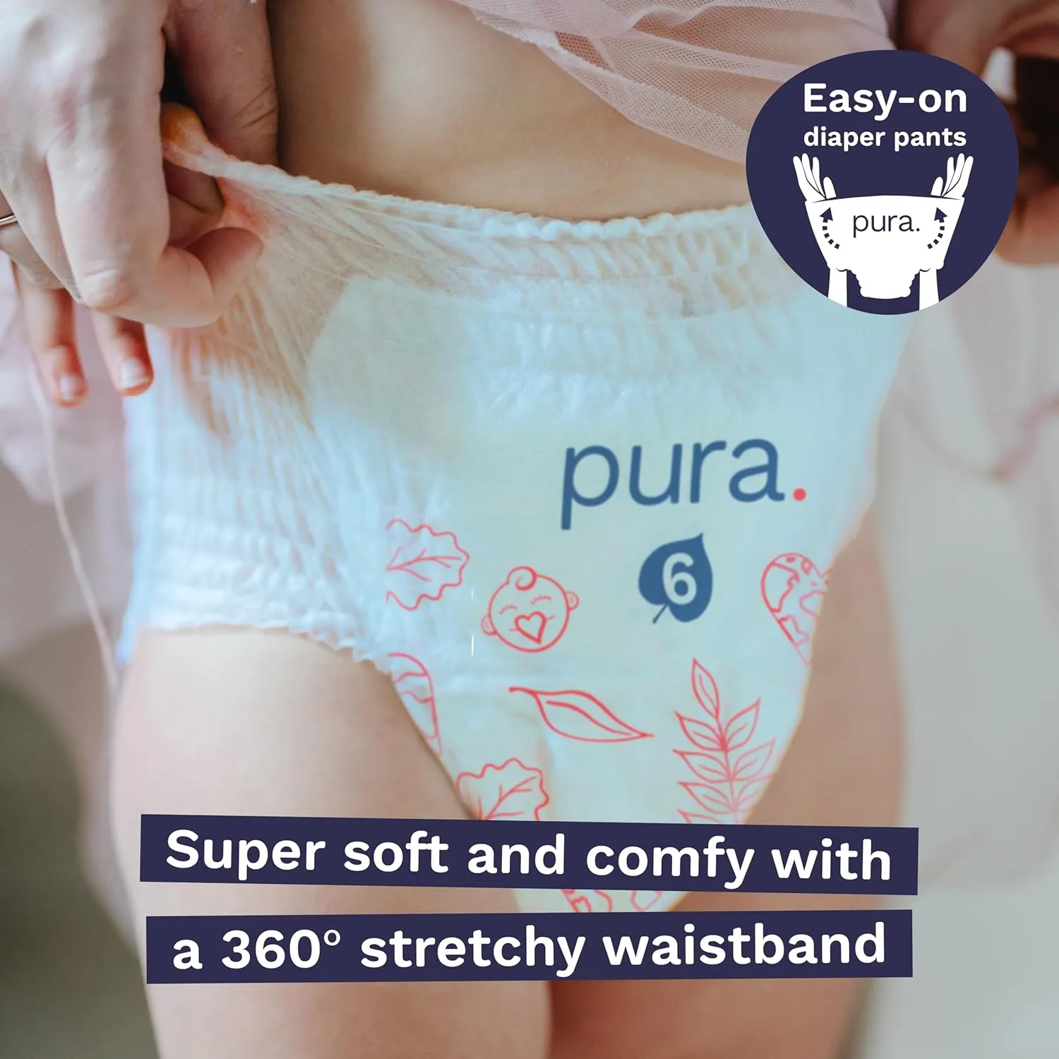 Pura Hypoallergenic Diaper Pants Size 8 (41  lbs) Overnight, up to 12 Hours Leak Protection, Suitable for Sensitive Skin, Totally Chlorine Free, Soft Organic Cotton, 3 Packs of 15 (45 Pull Up Pants)