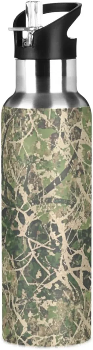 Qilmy Abstract Hunting Camo Sport Water Bottle with Straw Lid Double Wall Vacuum Insulated Flask Stainless Steel Water Bottle 20 oz