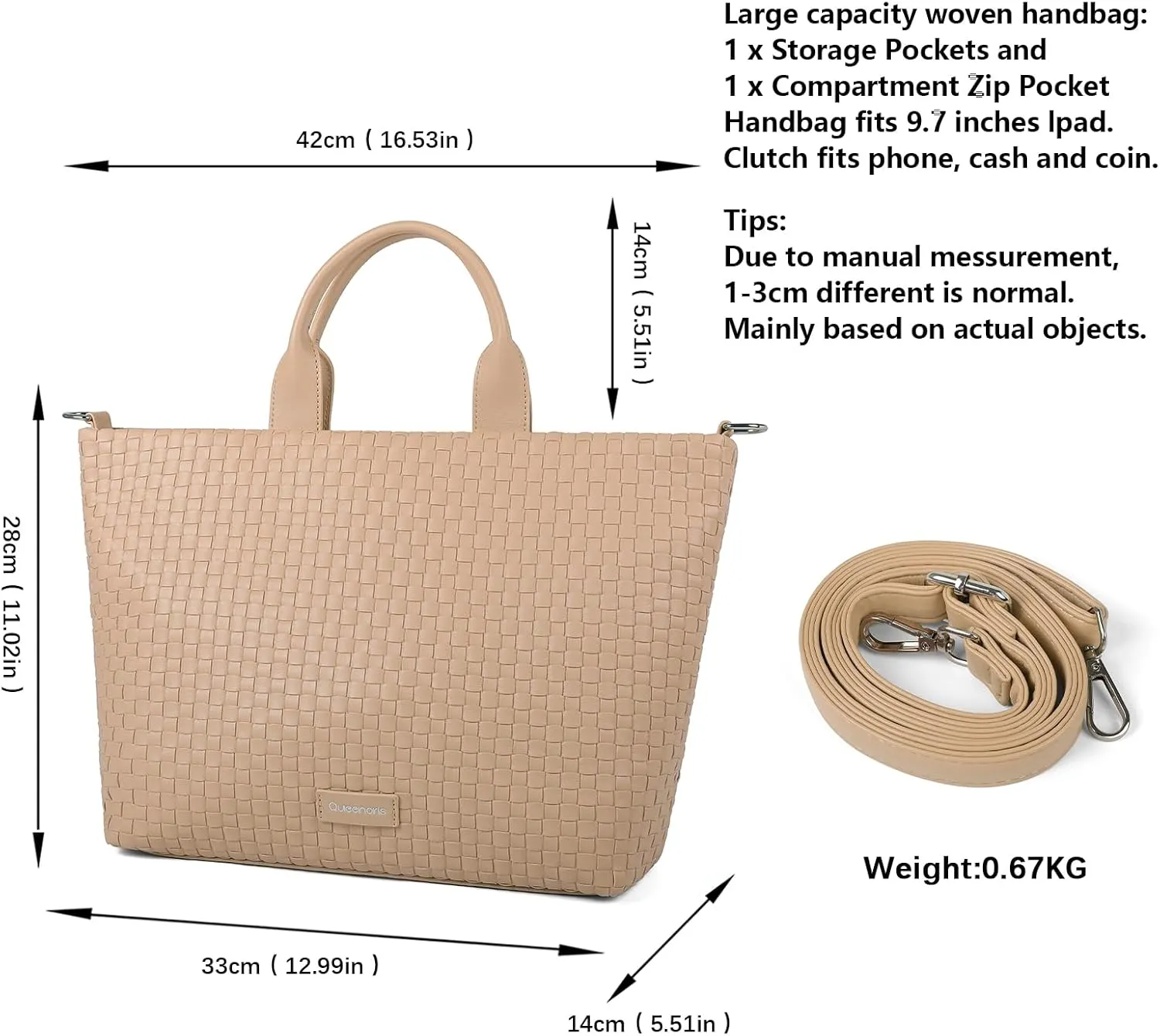 Queenoris Woven Bag for Women, Vegan Leather Tote Bag Summer Beach Fashion Shopper Handbag and Purse Handmade Crossbody Bag