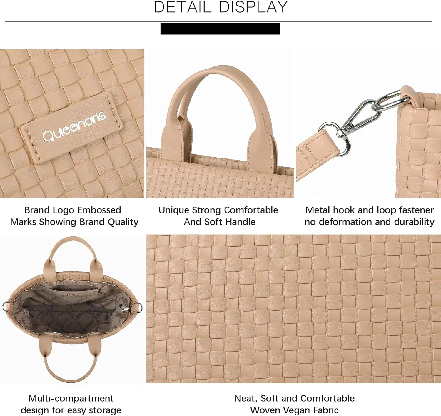 Queenoris Woven Bag for Women, Vegan Leather Tote Bag Summer Beach Fashion Shopper Handbag and Purse Handmade Crossbody Bag