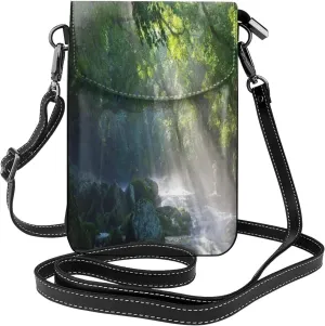Rainforest Stones Trees Sun Rays Theme Women Small Crossbody Cell Phone Purse Leather Fashion Shoulder Bag With Shoulder Strap