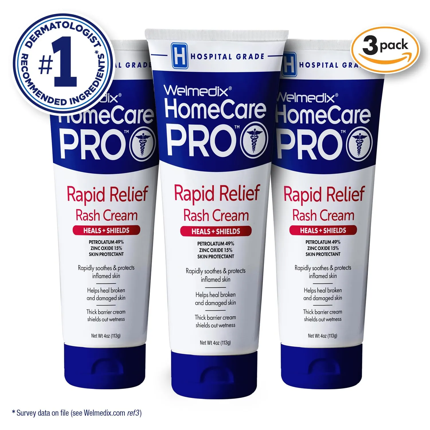Rapid Relief Diaper Rash Cream with Zinc Oxide, Hospital Grade Barrier Cream for Adults, and Babies with Fragile or Sensitive Skin (4oz Tube, Pack of 3)