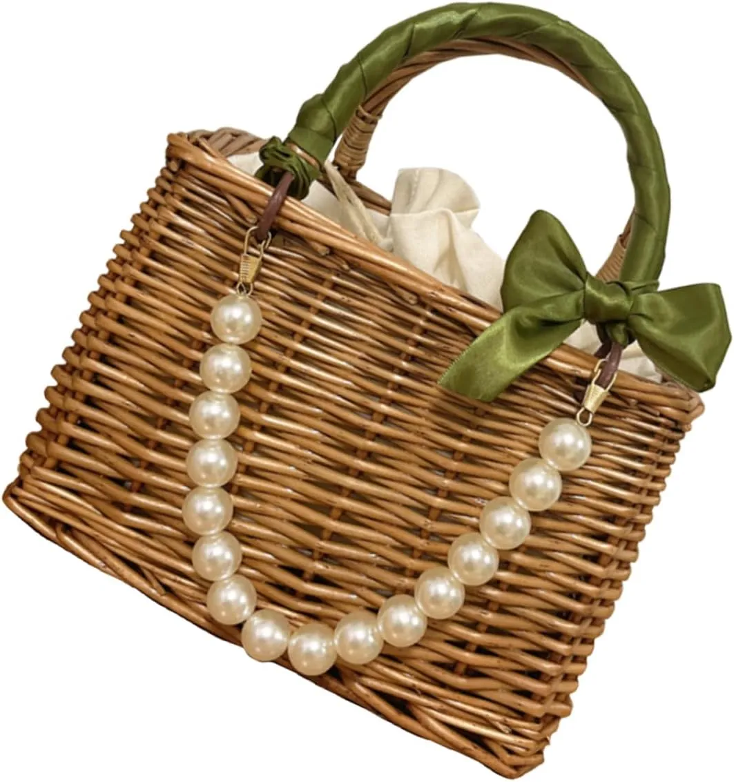 Rattan Beach Handbag with Pearl Chain & Ribbon - Lightweight Woven Straw Bag for Daily Use, Shopping & Beach Parties