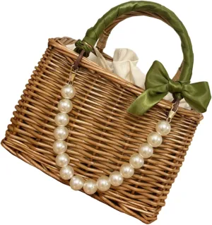 Rattan Beach Handbag with Pearl Chain & Ribbon - Lightweight Woven Straw Bag for Daily Use, Shopping & Beach Parties