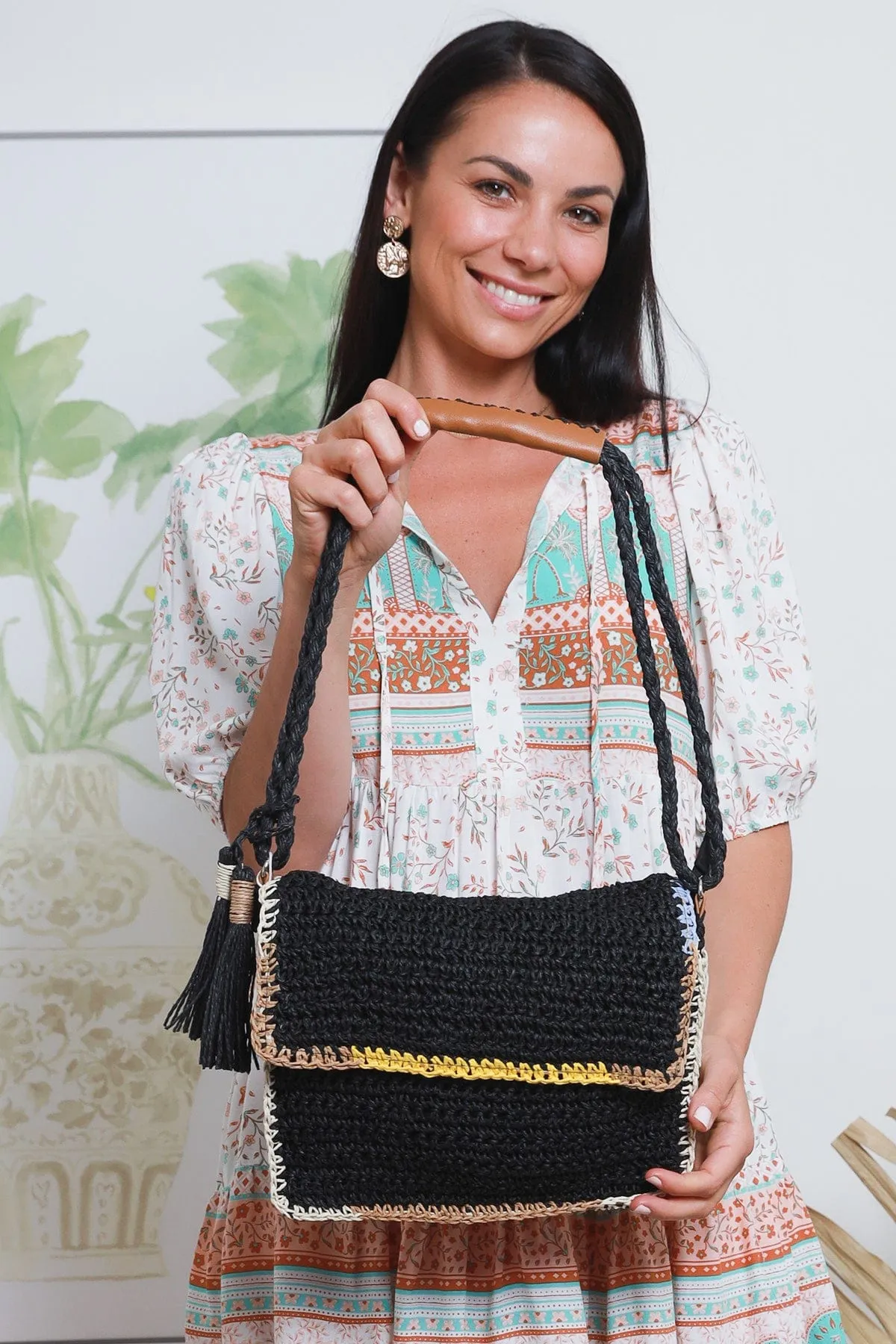 Rectangle Straw Clutch with Braided Handle