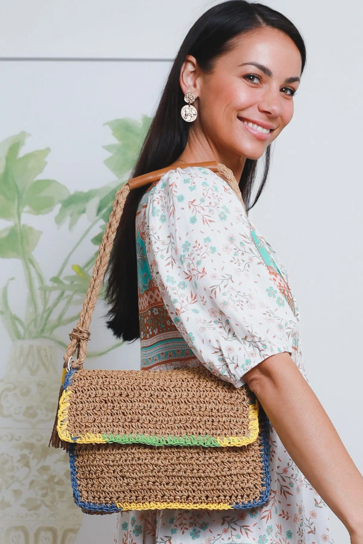 Rectangle Straw Clutch with Braided Handle