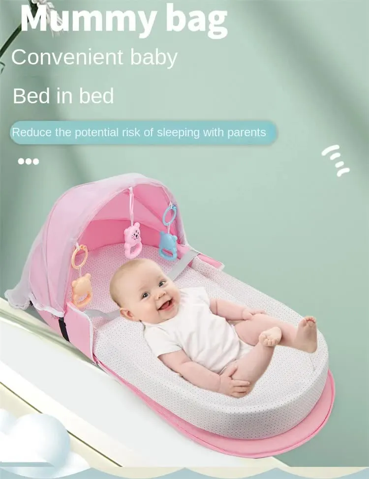 Red Portable Multi-Purpose Baby Bed and Diaper Backpack - Lightweight, Waterproof, Canvas   Polyester Material, Travel Essential for Moms(With mosquito net and small toys)